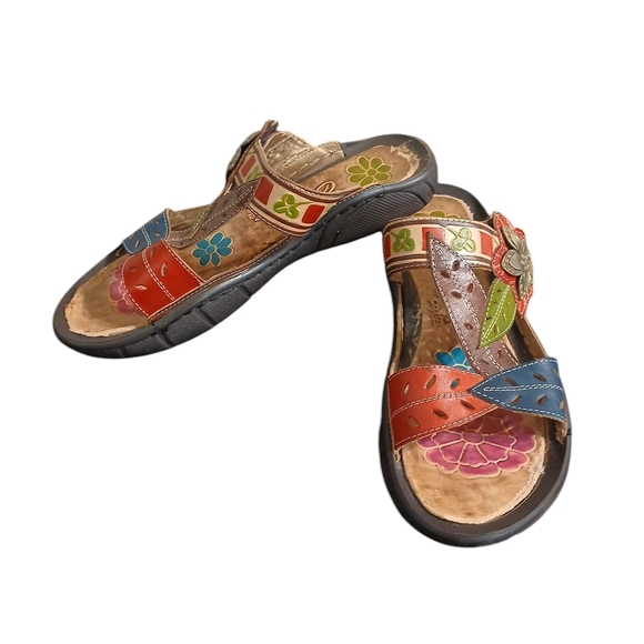 Elite Open-Toe Painted Leather Sandals Women's Strappy Floral Sandals Size 6 - Picture 1 of 11